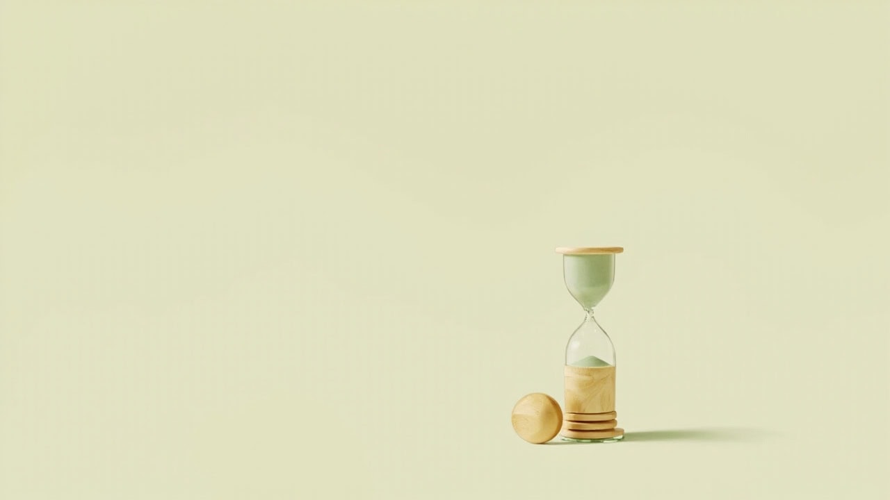 Editorial still life of a plain wooden ball beside a green-accented glass hourglass, suggesting time away from work.