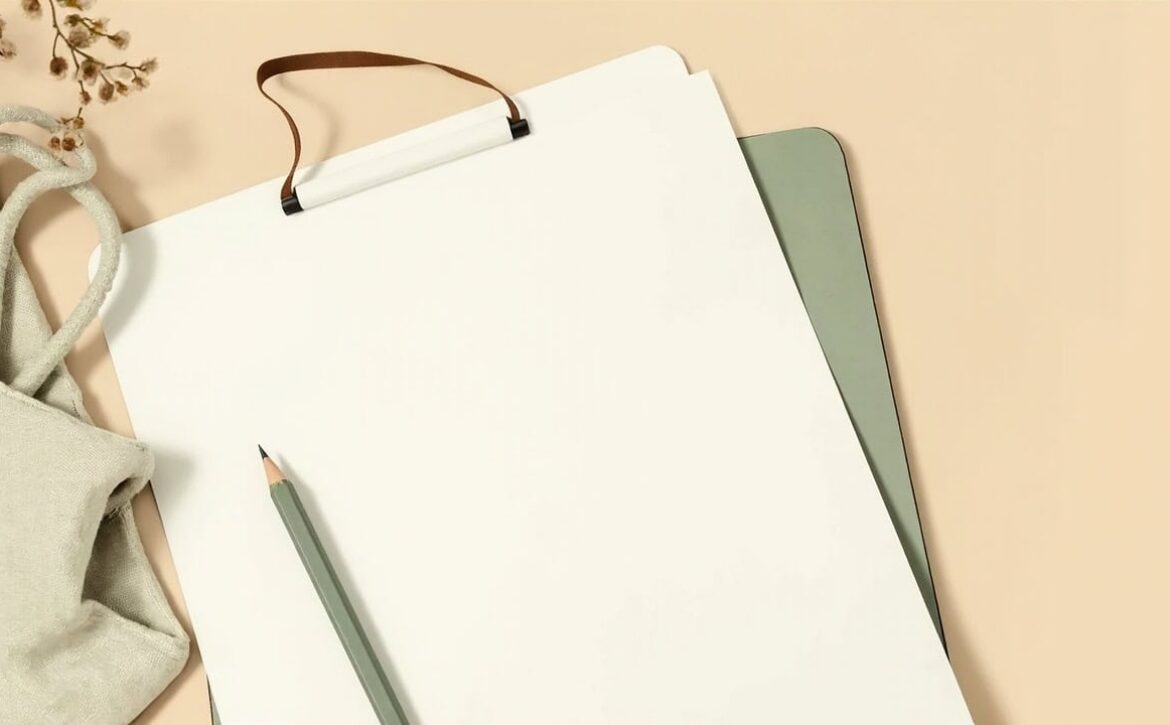 Blank white planning sheets with a sage pencil, soft fabric bag and dried sprig on cream.