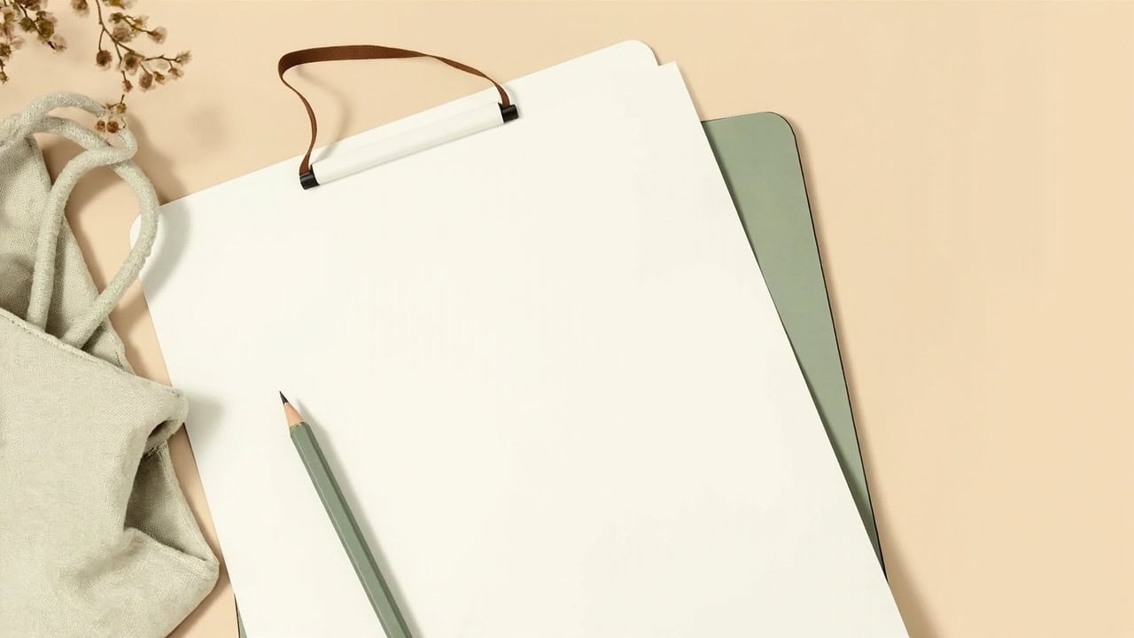 Blank white planning sheets with a sage pencil, soft fabric bag and dried sprig on cream.