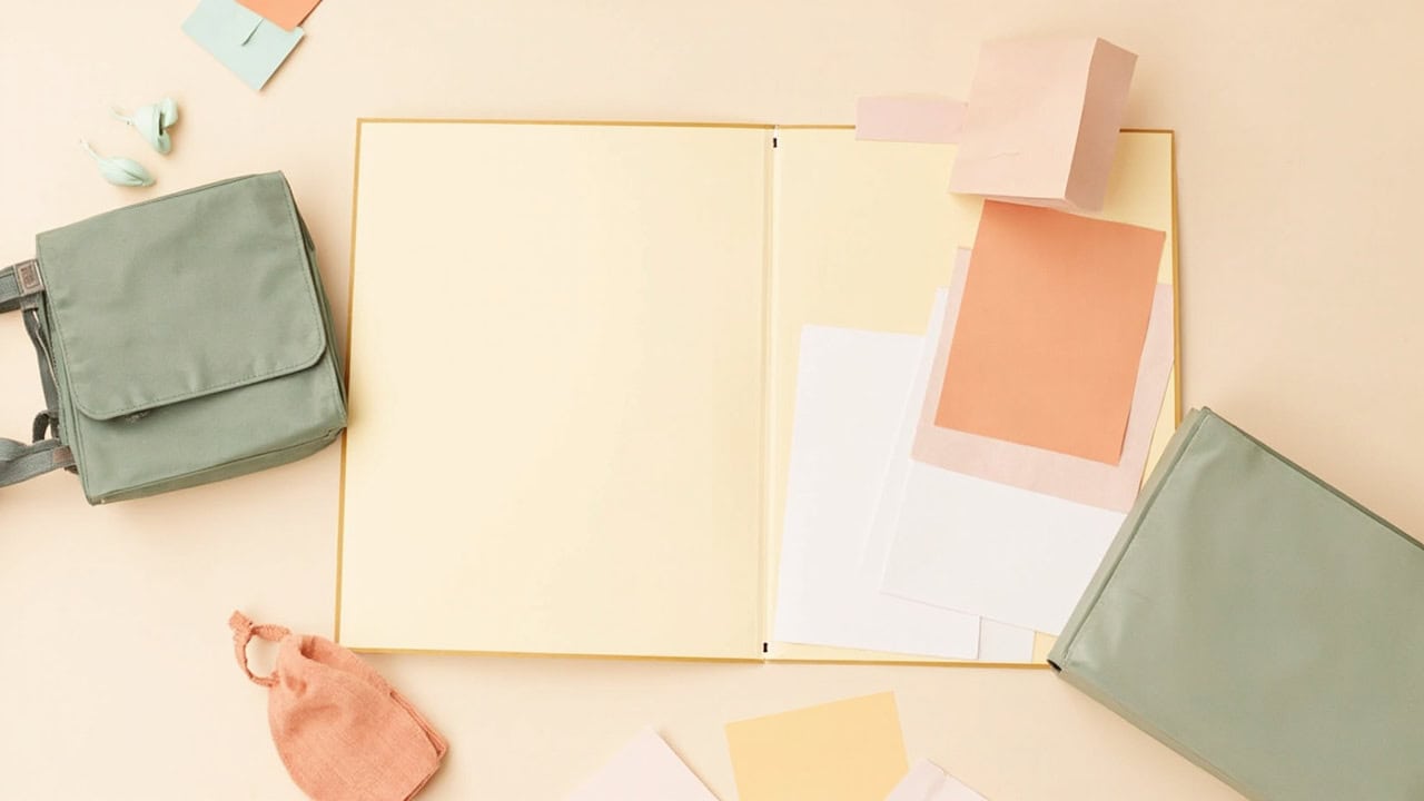Overhead still life of an open blank cream folder, loose papers, muted sage bags and a small coral pouch.