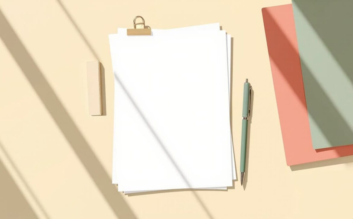 Blank papers held with a gold clip beside a green pen, muted folders and a small block on a cream desk.