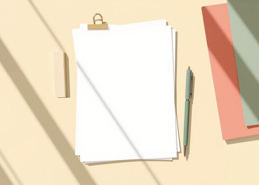 Blank papers held with a gold clip beside a green pen, muted folders and a small block on a cream desk.