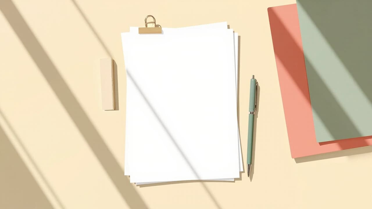 Blank papers held with a gold clip beside a green pen, muted folders and a small block on a cream desk.