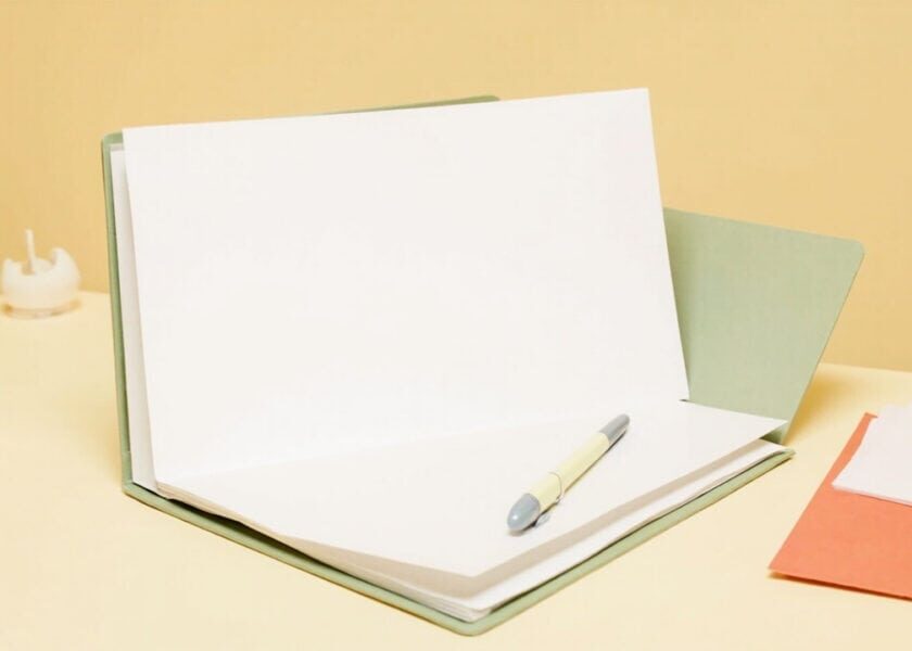 Open blank document folder with a pen, sage cover, coral papers and a gold clip on a warm cream desk.