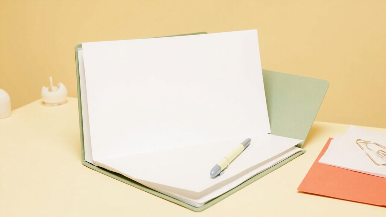 Open blank document folder with a pen, sage cover, coral papers and a gold clip on a warm cream desk.