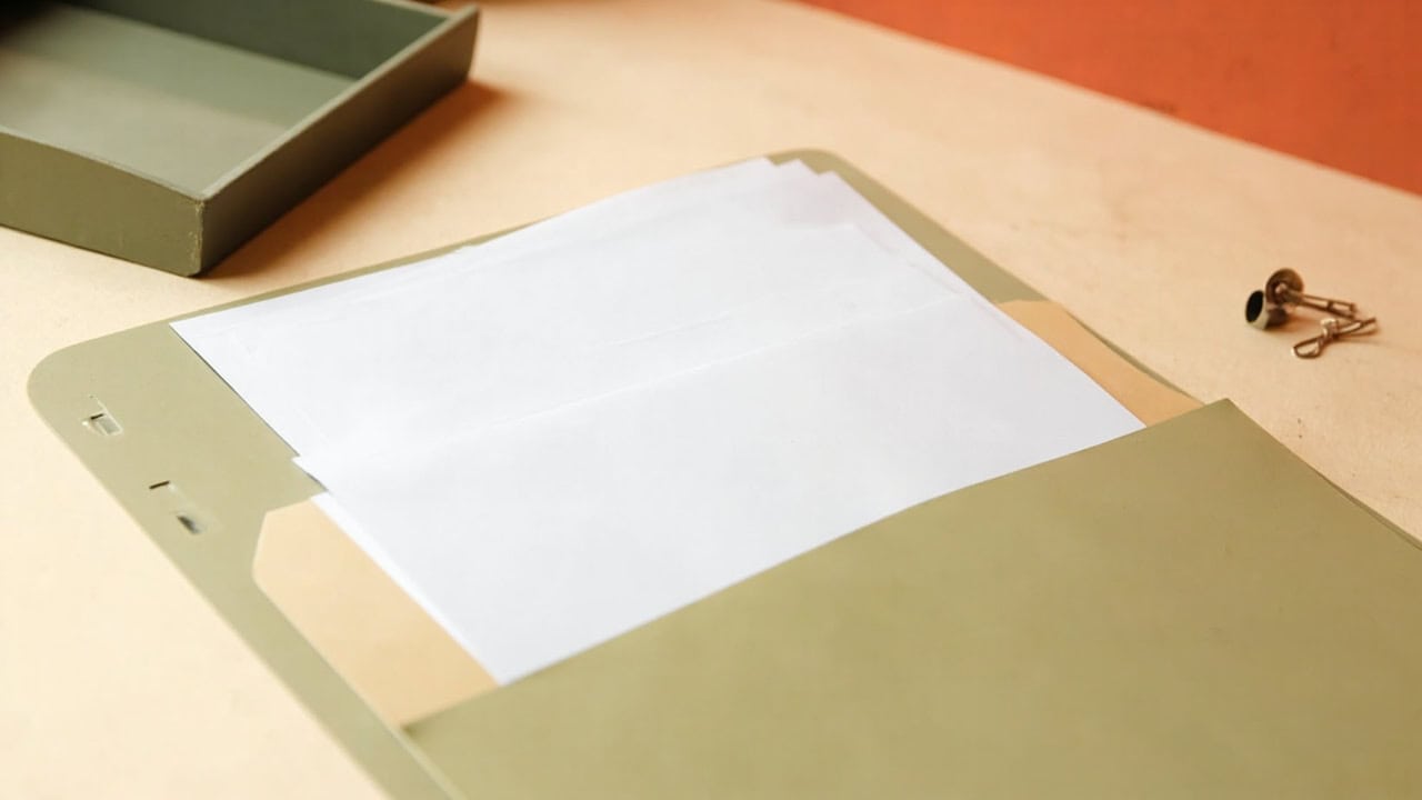 Open sage folder with blank white papers on a warm cream desk, beside a muted tray and several metal paperclips.