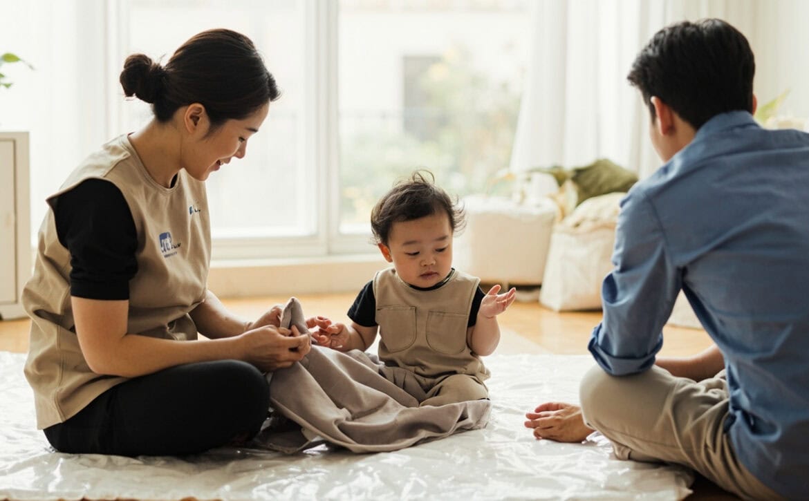 A childminder in a beige tunic sits beside a baby on a clear floor mat, holding a soft cloth as a nearby parent watches.