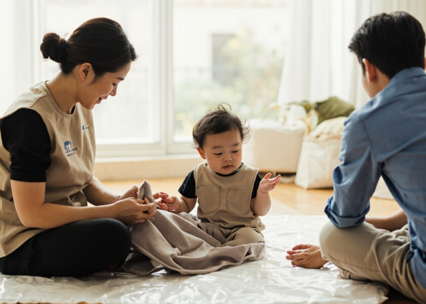A childminder in a beige tunic sits beside a baby on a clear floor mat, holding a soft cloth as a nearby parent watches.