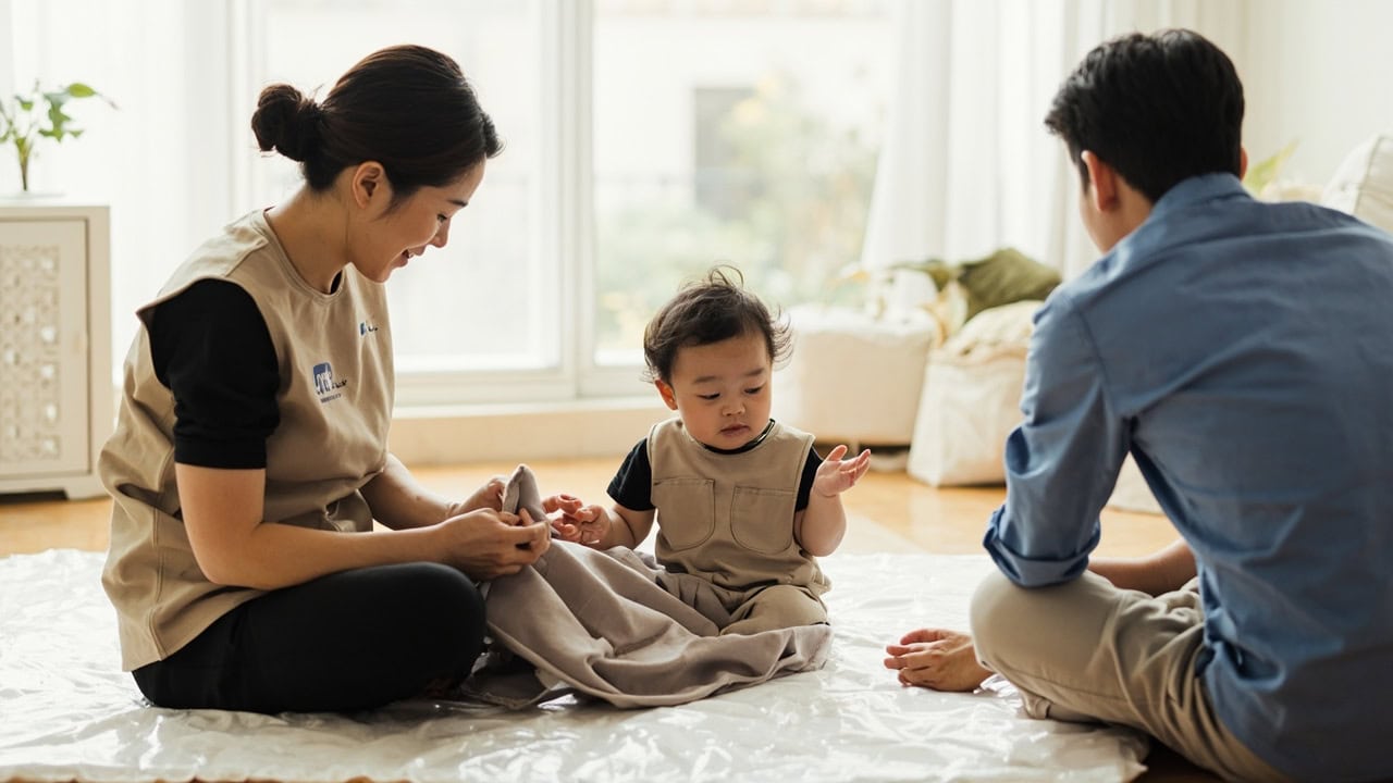 A childminder in a beige tunic sits beside a baby on a clear floor mat, holding a soft cloth as a nearby parent watches.