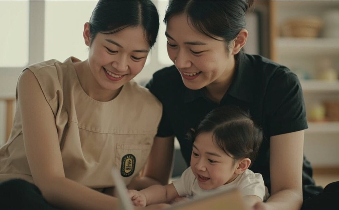 Parent and childminder following an infant's reach during a shared book activity in a clean care room