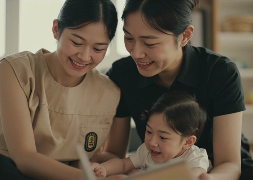 Parent and childminder following an infant's reach during a shared book activity in a clean care room