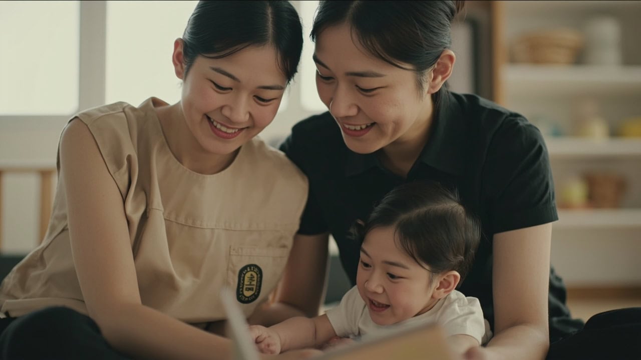 Parent and childminder following an infant's reach during a shared book activity in a clean care room