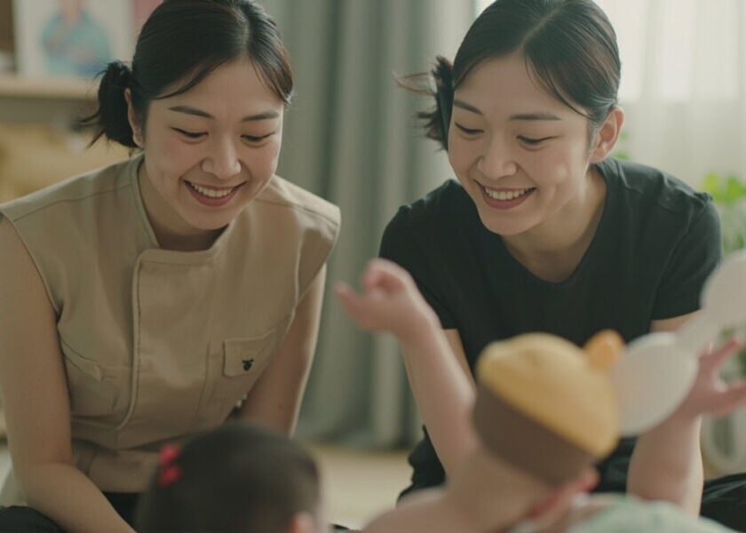 Childminder responds as an infant reaches for a soft rattle.