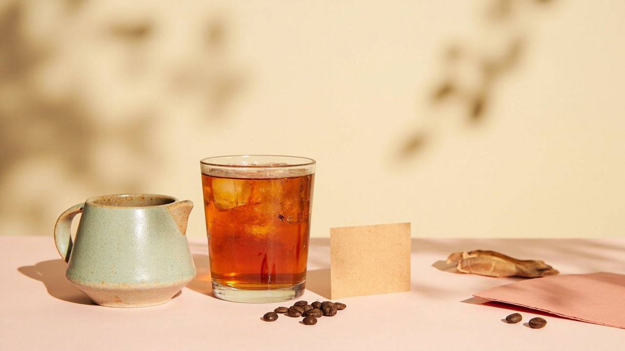 Warm still life of amber iced tea, a sage ceramic jug, coffee beans, loose leaves and blank paper cards.
