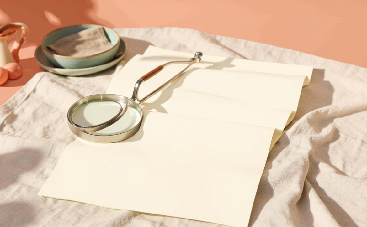 Blank papers, a stethoscope, a small bottle, eggs and ceramic dishes rest on warm linen in soft sunlight.