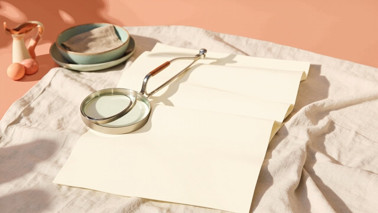 Blank papers, a stethoscope, a small bottle, eggs and ceramic dishes rest on warm linen in soft sunlight.
