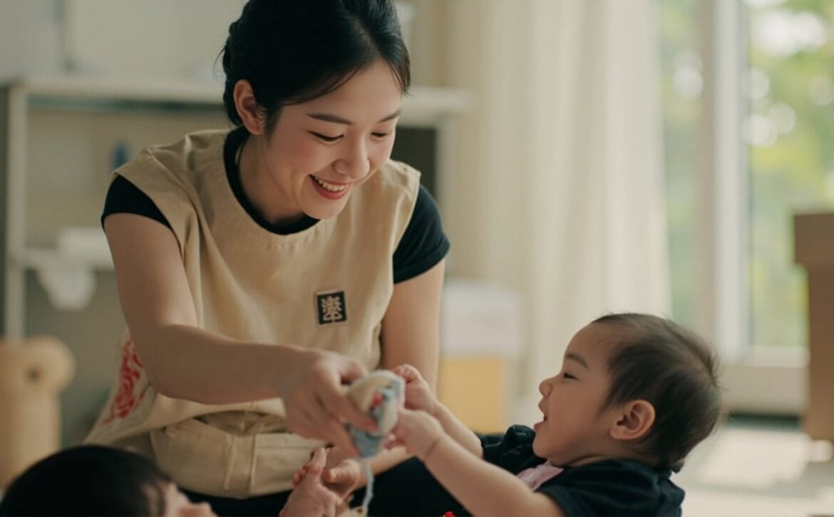 A childminder follows one infant’s reach while another plays nearby during a parent’s visit.