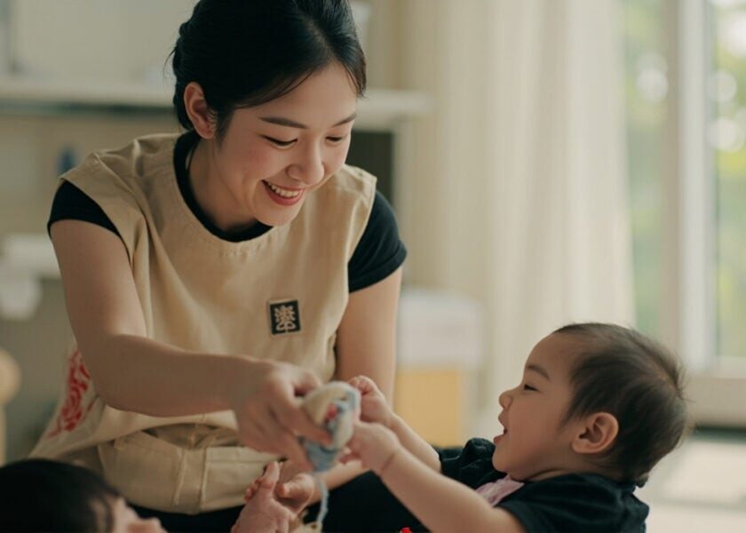 A childminder follows one infant’s reach while another plays nearby during a parent’s visit.