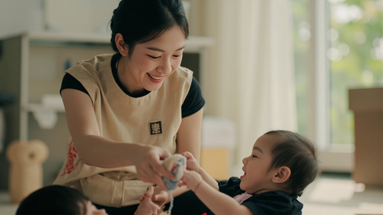 A childminder follows one infant’s reach while another plays nearby during a parent’s visit.