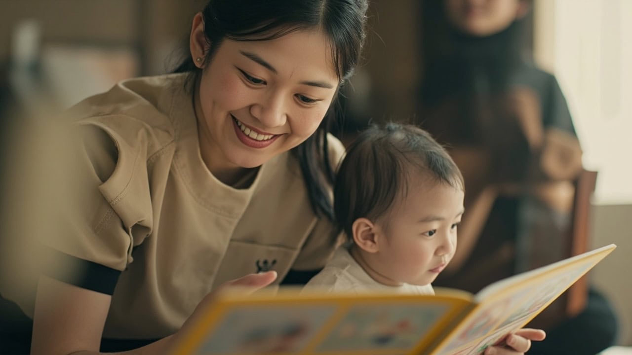 A childminder pauses a shared book when an infant looks away.