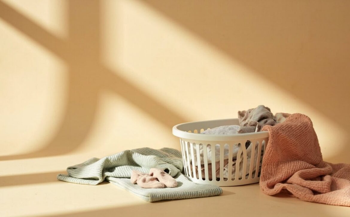 A cream laundry basket with sage and coral clothing and small pink socks, arranged in warm sunlight.
