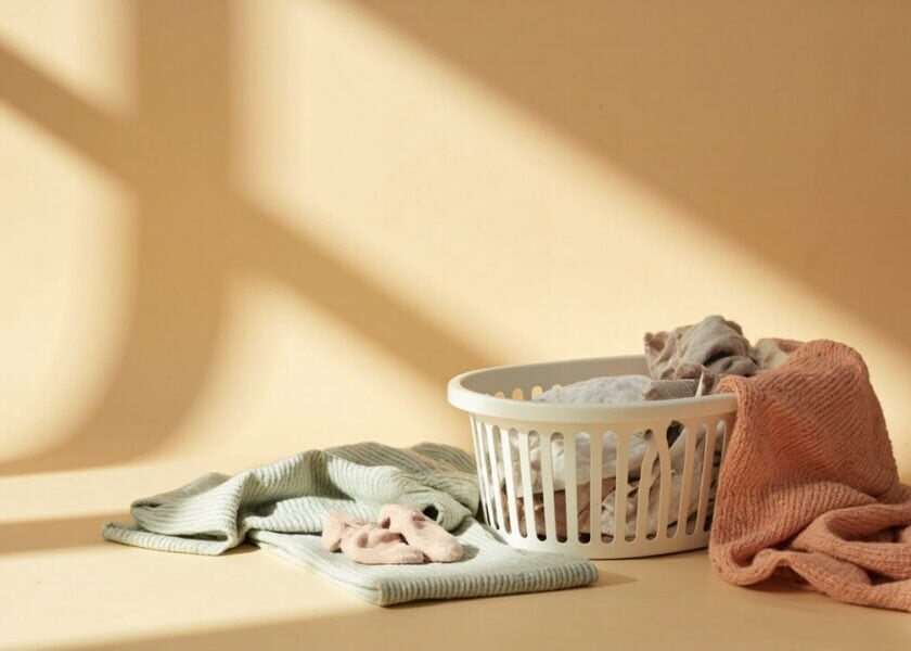 A cream laundry basket with sage and coral clothing and small pink socks, arranged in warm sunlight.