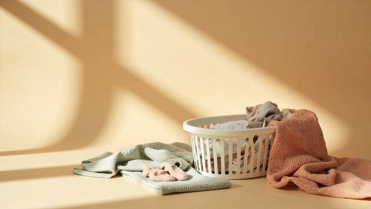 A cream laundry basket with sage and coral clothing and small pink socks, arranged in warm sunlight.