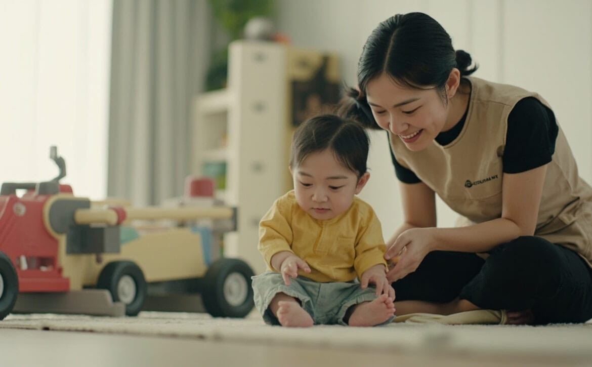 A caregiver kneels beside an awake yellow-shirted toddler seated on a mat, with both looking towards a large toy car.