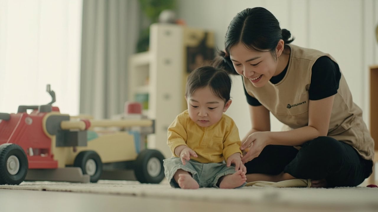 A caregiver kneels beside an awake yellow-shirted toddler seated on a mat, with both looking towards a large toy car.