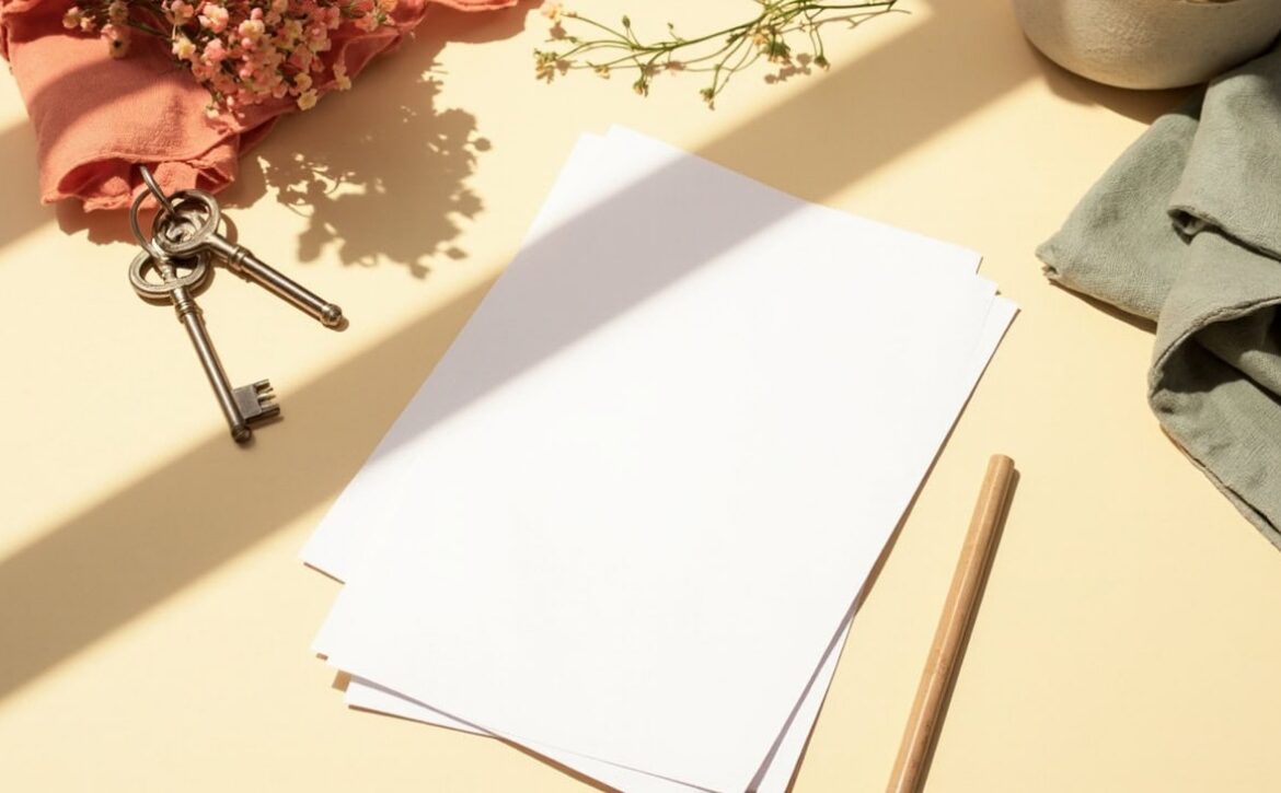 Warm still life of blank papers, house keys, a ceramic bowl, folded sage fabric, pencil and small flowers on a cream table.