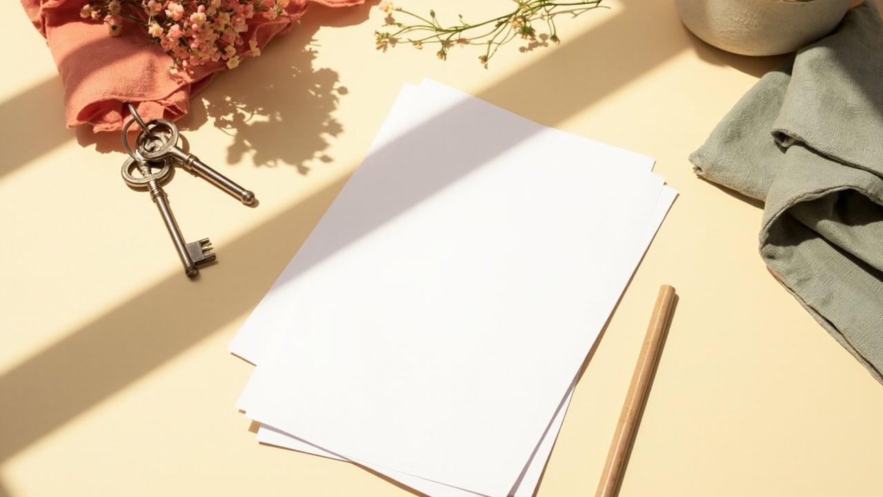 Warm still life of blank papers, house keys, a ceramic bowl, folded sage fabric, pencil and small flowers on a cream table.