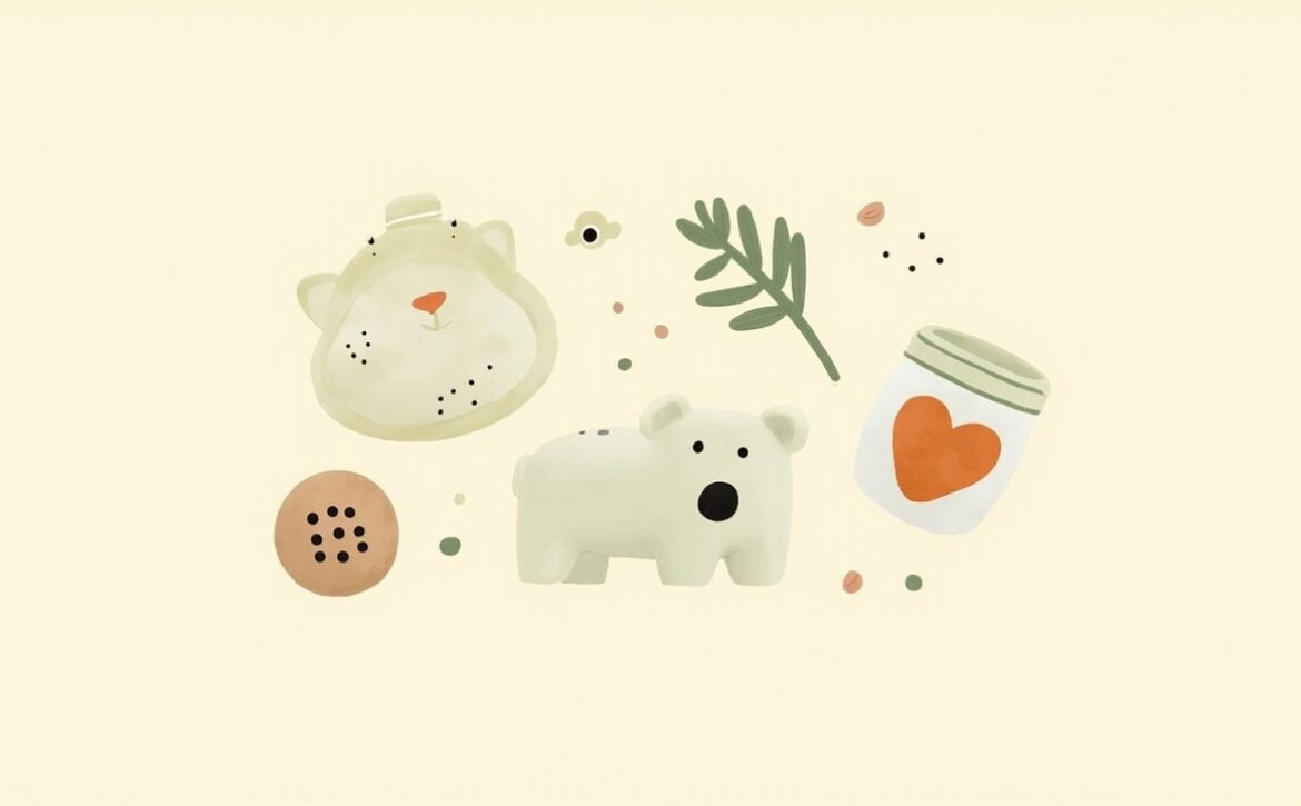 Clay-style baby bottle, white animal toy, heart-marked food jar, cookie and leafy sprig on warm ivory.