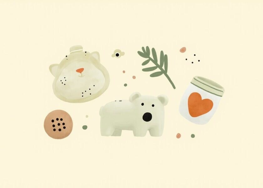 Clay-style baby bottle, white animal toy, heart-marked food jar, cookie and leafy sprig on warm ivory.