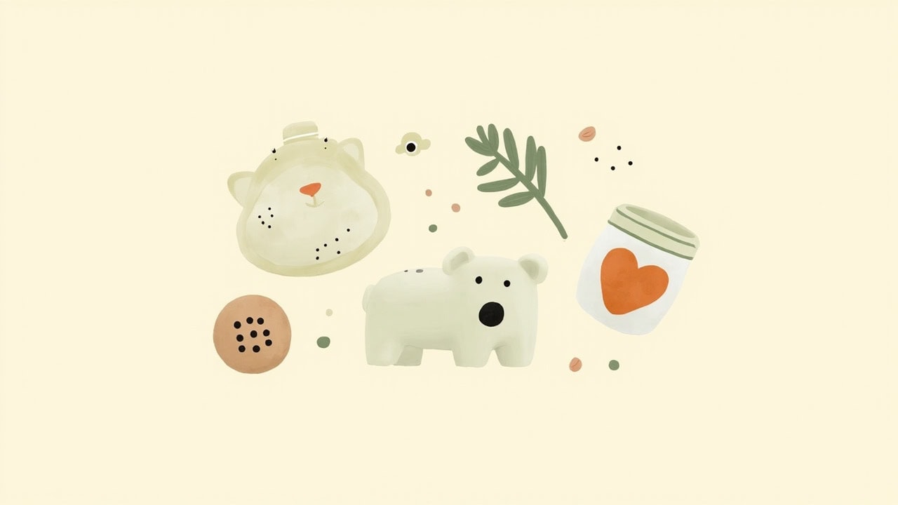 Clay-style baby bottle, white animal toy, heart-marked food jar, cookie and leafy sprig on warm ivory.