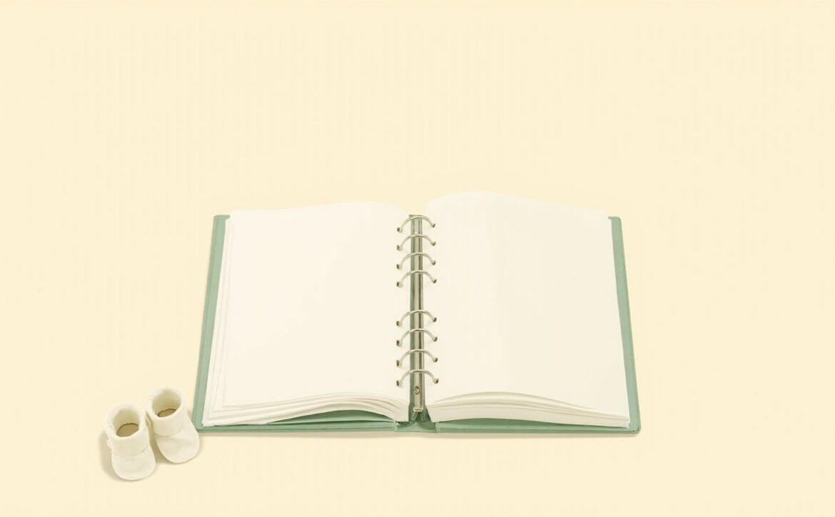 An open muted-green ring binder with blank cream pages sits beside a small pair of cream baby booties on ivory.