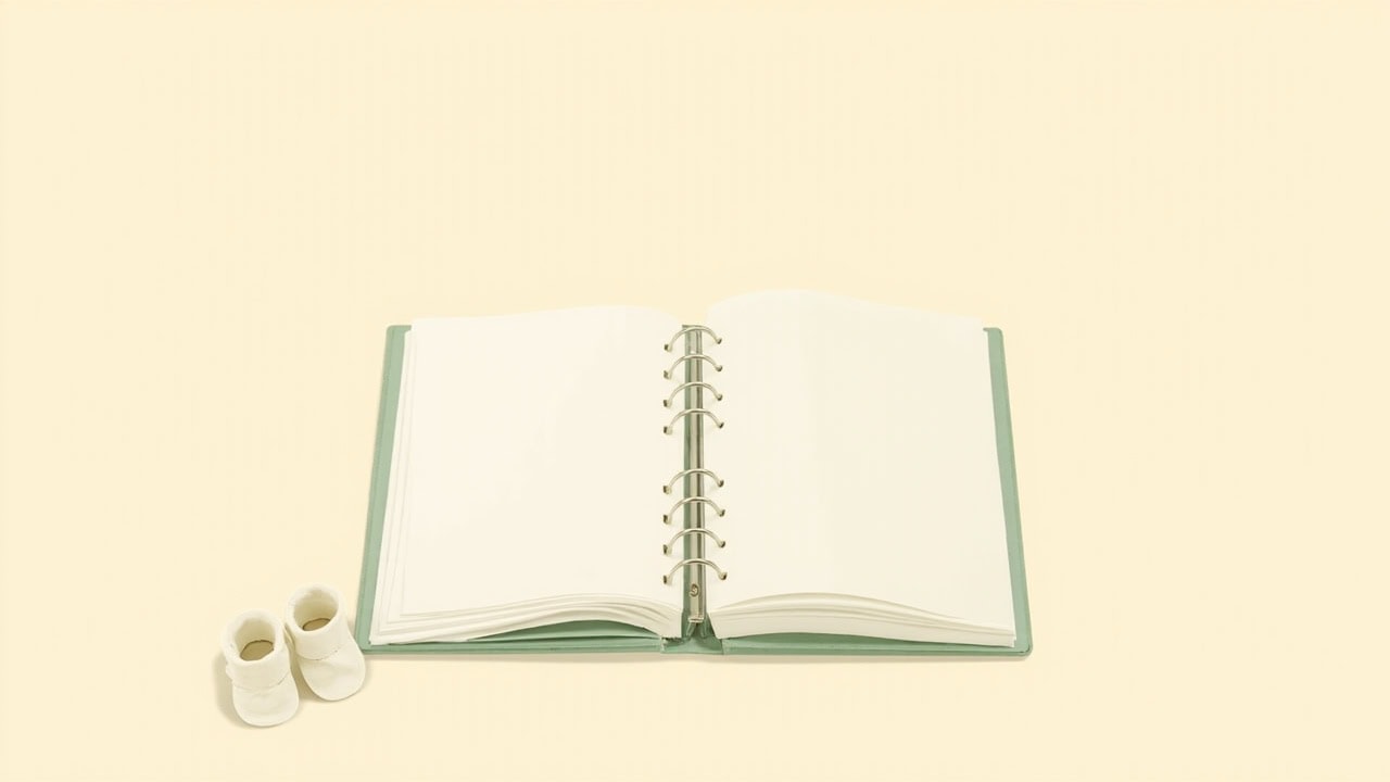 An open muted-green ring binder with blank cream pages sits beside a small pair of cream baby booties on ivory.