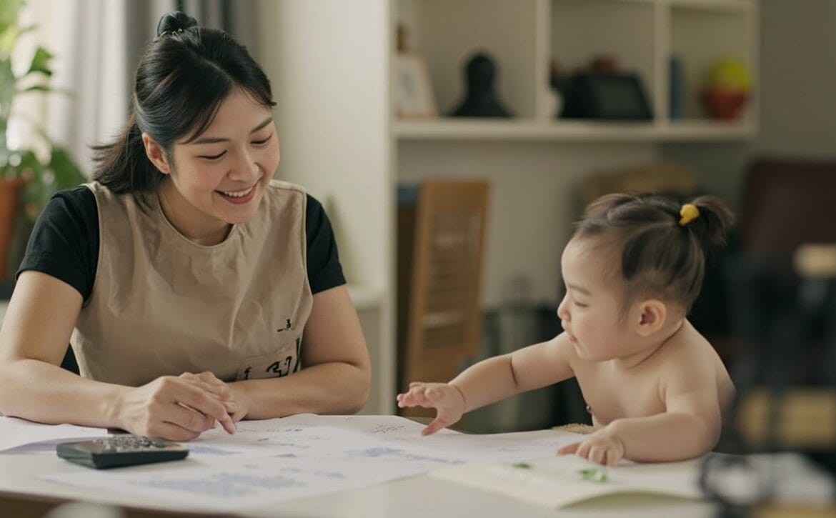 AI illustration of a parent, childminder and awake infant planning weekday care blocks with a calendar and calculator