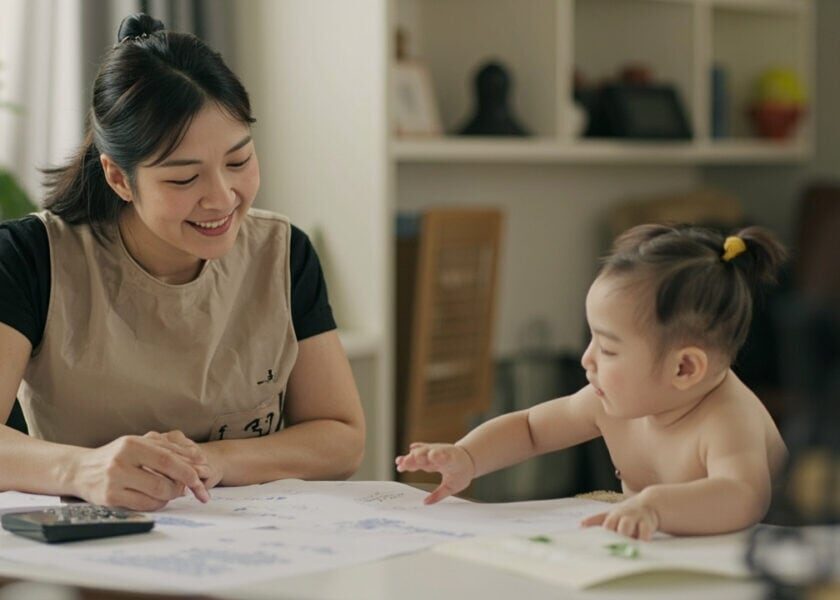 AI illustration of a parent, childminder and awake infant planning weekday care blocks with a calendar and calculator