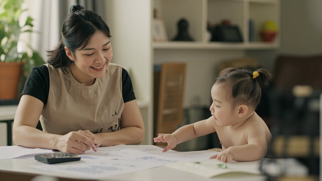 AI illustration of a parent, childminder and awake infant planning weekday care blocks with a calendar and calculator