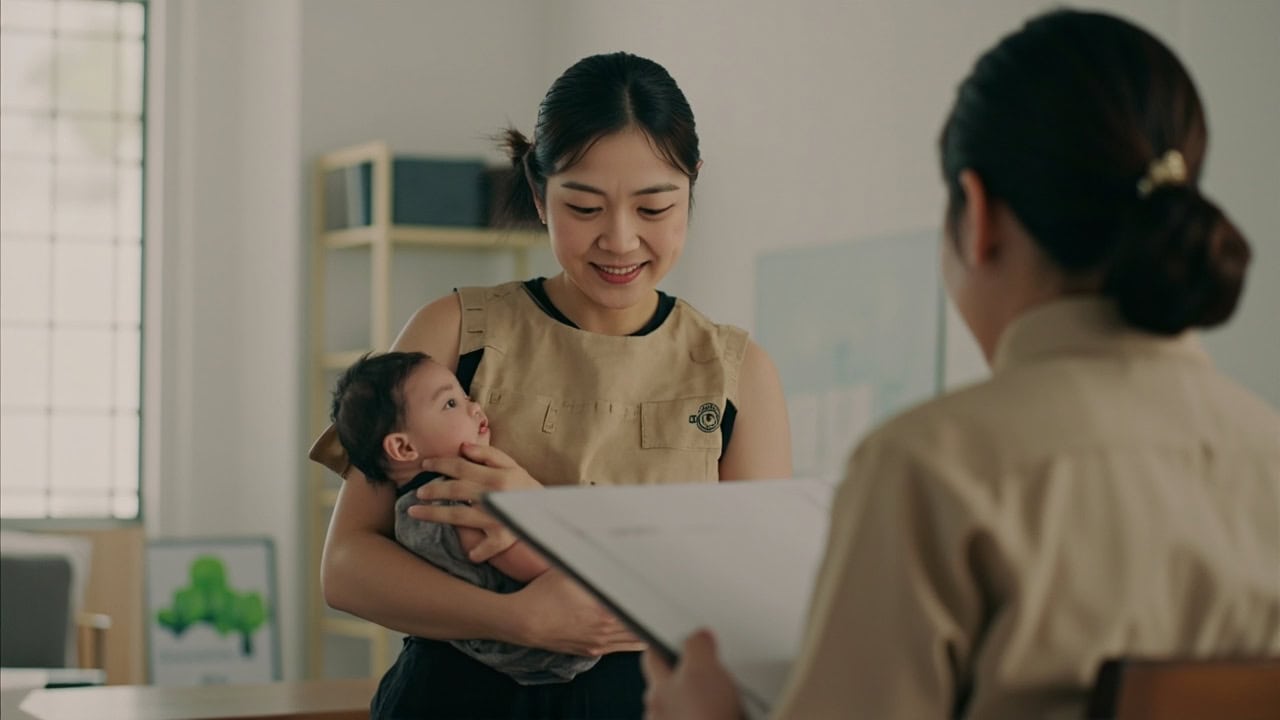 AI illustration of a parent holding an awake baby while a childminder discusses care arrangements