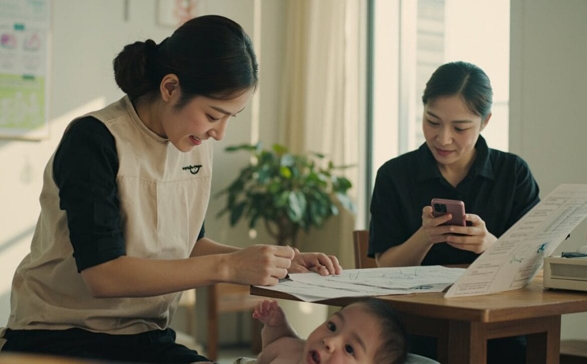 Parent checks a childminding location listing beside a care agreement while a uniformed childminder watches an infant