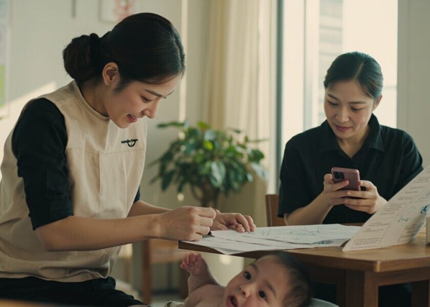 Parent checks a childminding location listing beside a care agreement while a uniformed childminder watches an infant
