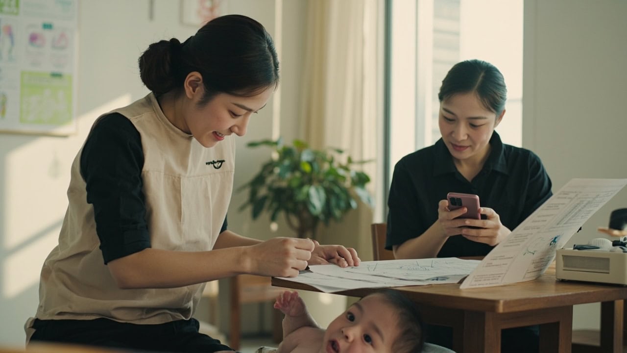 Parent checks a childminding location listing beside a care agreement while a uniformed childminder watches an infant