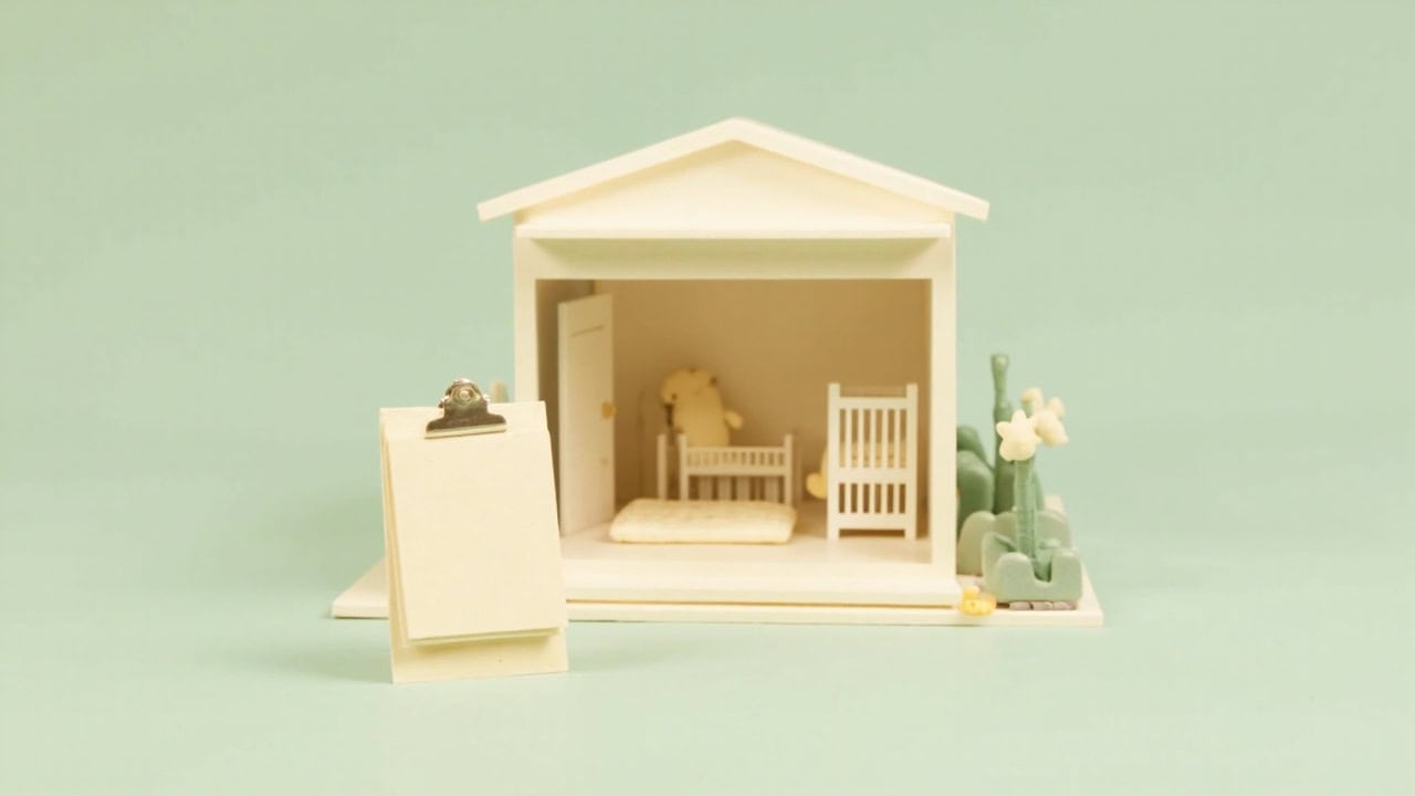A stylised ivory miniature care room with two cots, a teddy bear, blank clipboard and small plants against mint green.