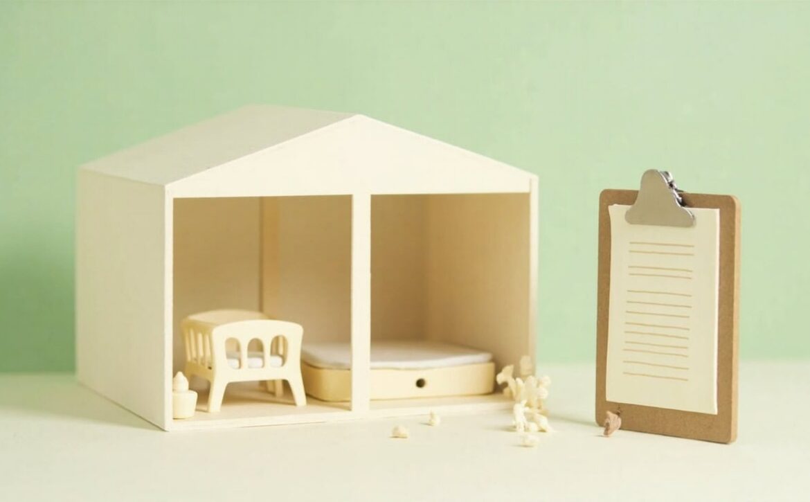 A stylised open-front miniature care room with two empty cot-like beds beside a large clipboard holding a blank lined sheet.