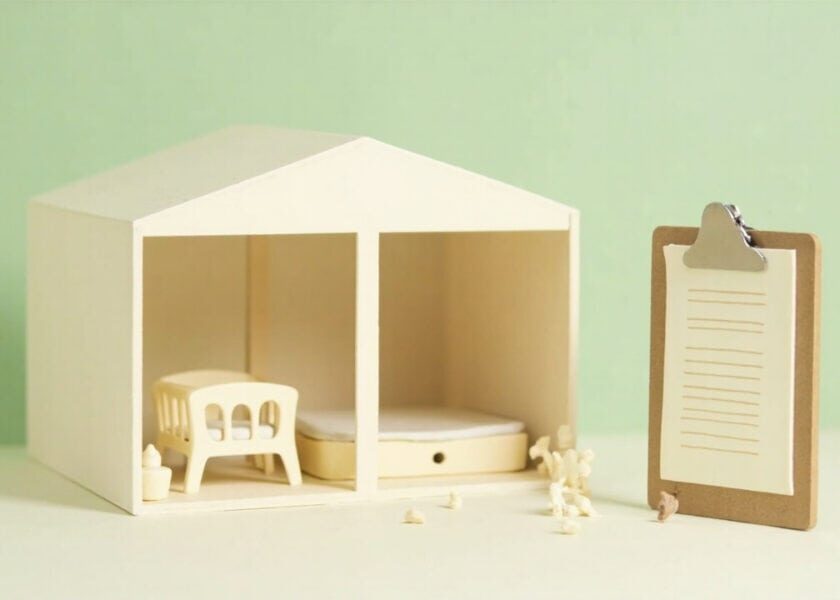 A stylised open-front miniature care room with two empty cot-like beds beside a large clipboard holding a blank lined sheet.