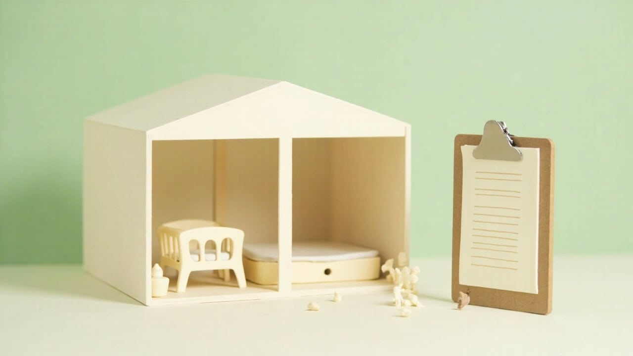 A stylised open-front miniature care room with two empty cot-like beds beside a large clipboard holding a blank lined sheet.
