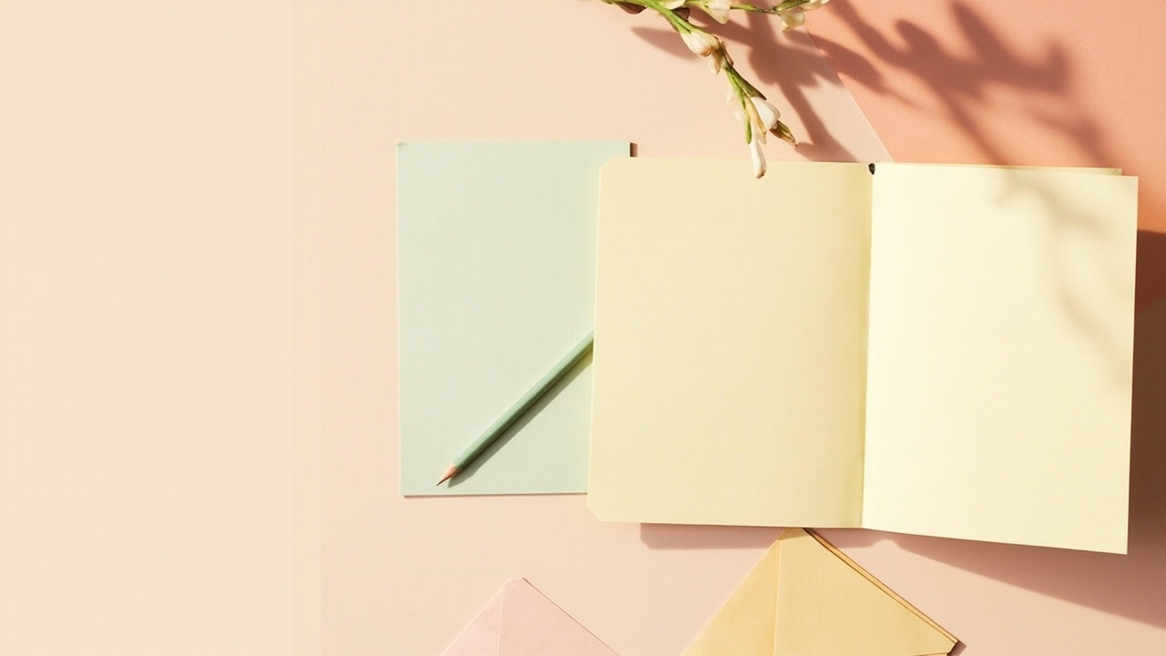 Overhead still life of a blank cream folder, sage card and pencil, with flowers and a partly cropped envelope in warm light.