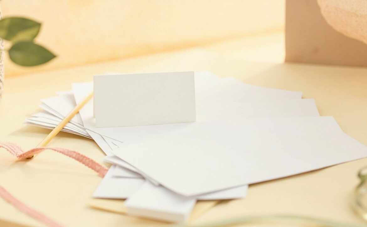 Blank cards, papers, a yellow pencil and a pink woven strip rest on a warmly lit cream desk.