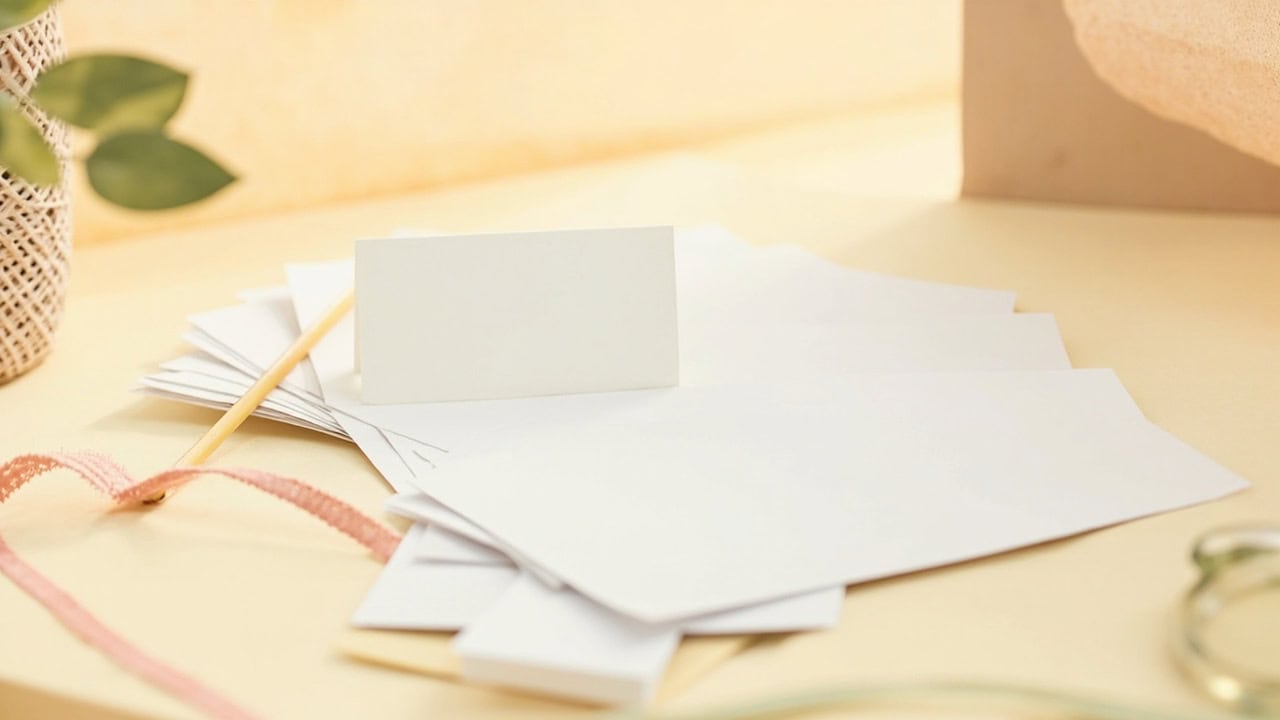 Blank cards, papers, a yellow pencil and a pink woven strip rest on a warmly lit cream desk.